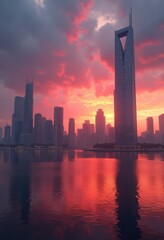 Fototapeta premium vibrant urban skyline sunset reflections dramatic colors twilight glow cityscape spectacular view water silhouette, building, horizon, landscape, nightfall