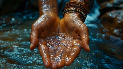 Pairs of hand cupping the water, partially submerged in clear blue water