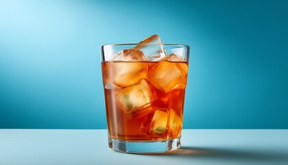 a refreshing iced tea in a clear cup with ice cubes set against a soft blue background