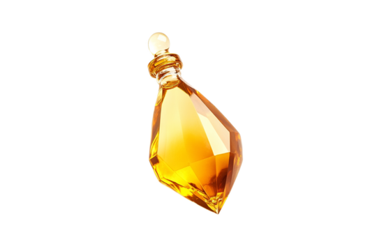 Golden faceted bottle shimmering on a white backdrop