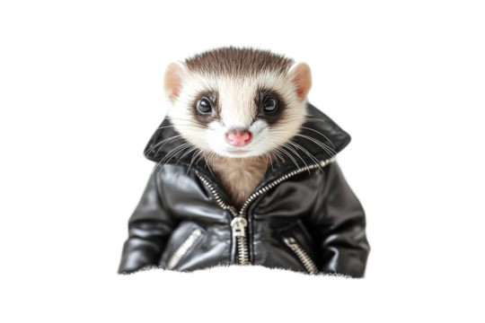 Ferret posing wearing a black leather biker jacket