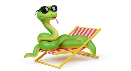 Fototapeta premium Cartoon snake relaxing in beach chair