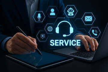 Fototapeta premium Customer service ai support digital assistance help desk online support virtual agent chatbot call center tech