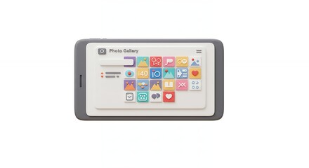 Gray tablet with colorful application icons interface