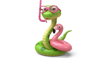 Naklejka premium Funny snake with sunglasses and inflatable flamingo