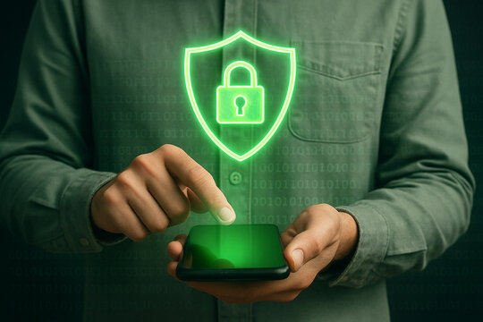 Mobile security concept man using smartphone with shield and padlock for data protection online safety