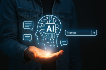 Ai artificial intelligence concept with human head circuit and prompt box for chat bot technology