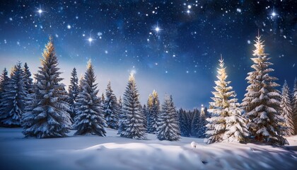 Obraz premium snow covered christmas trees with glowing lights under starlit sky in winter wonderland