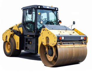 Heavy yellow road roller construction vehicle with large front drum isolated on transparent background