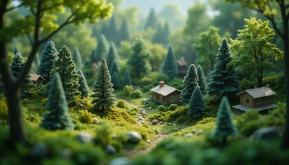 A whimsical tilt-shift perspective of an enchanted forest with miniature trees. Great for fantasy, nature, relaxation, and mindfulness themes.
