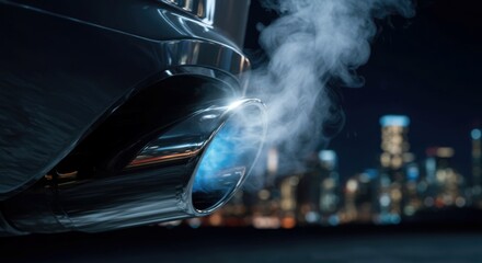 Fototapeta premium Reflective chrome tailpipes with steam rising, highlighting vehicle dynamics