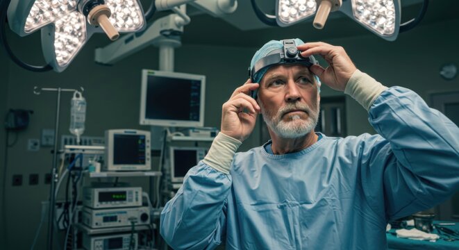 Elderly male doctor adjusting headlight in sterile operating room setting