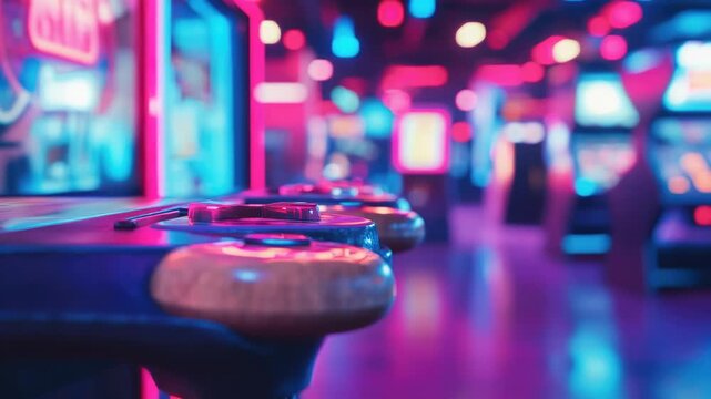Row of slot machines in a casino, bright lights and excitement