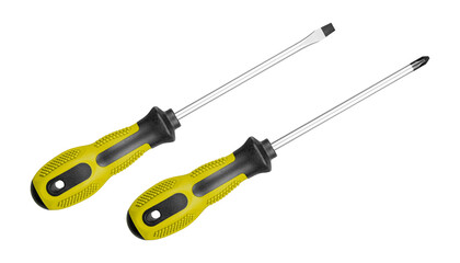 Two Screwdrivers Flat and Phillips with Ergonomic Yellow Handles Set on isolated background close-up