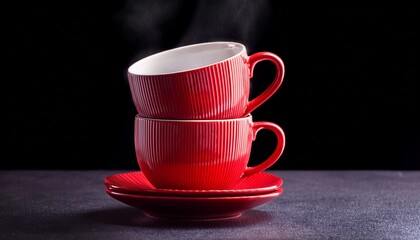 red cups of coffee or tea on black background