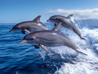 青い海をジャンプする3頭のイルカ