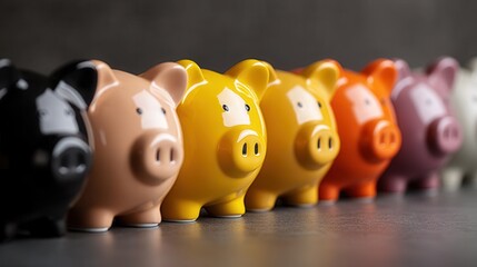 Seven colorful pigs stand in a row promoting financial stability and saving