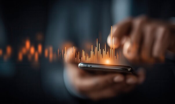 Businessman engages in stock market trading using smartphone app