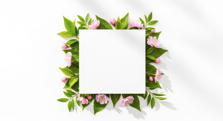 Blank white card surrounded by delicate pink blossoms and lush green leaves