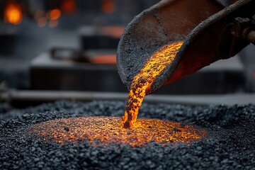 Molten river flowing from shovel in foundry during metal casting process at night