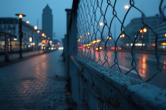 Evening city solitude viewing through a chain link fence along the damp cityscape road in Germany