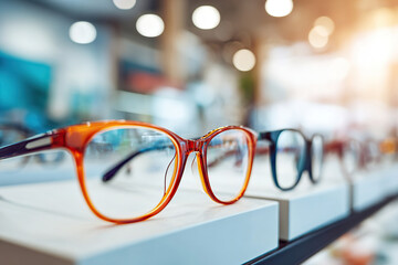 Colorful eyeglasses displayed in a modern optical store during daylight