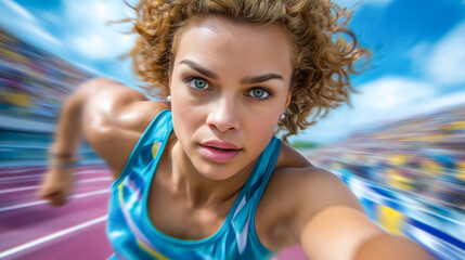 Female athlete sprints on track, looking directly at camera with focus and intensity. Outdoor stadium with vibrant atmosphere, surrounded by cheering crowd