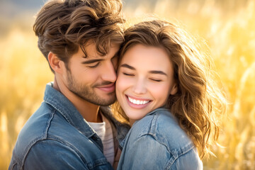 Fototapeta premium Couple sharing a warm hug in a sunlit meadow, woman's eyes closed and smiling against man's shoulder, surrounded by bright greenery. Concept of romance, relationship, wellness
