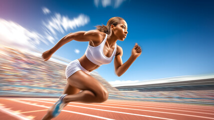 Fototapeta premium Athlete runs at full speed on outdoor track in competitive atmosphere. Bright blue sky and vibrant crowd fill the background. Concept of sports, athletics, dedication