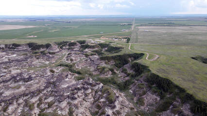 Drumheller Alberta Canada Aerial View of Rugged Badlands Terrain With Eroded Hills in Horseshoe...
