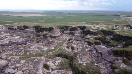 Drumheller Alberta Canada Aerial View of Rugged Badlands Terrain With Eroded Hills in Horseshoe...