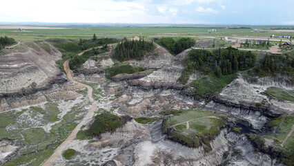 Drumheller Alberta Canada Aerial View of Rugged Badlands Terrain With Eroded Hills in Horseshoe...