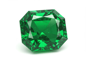 A brilliant emerald gemstone cut in an emerald shape on a white background