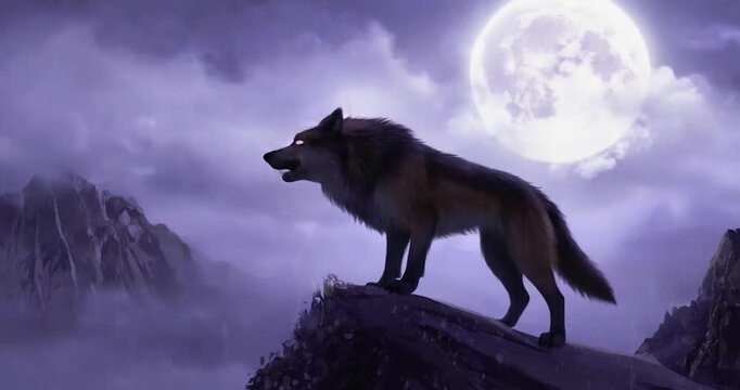 Wolf howling at moon at night
