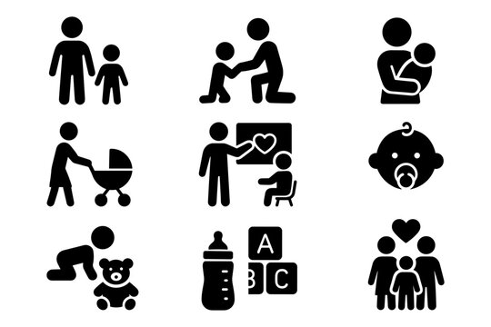 Family and childcare icon set: parenthood and education symbols in black silhouette design