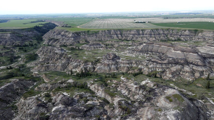 Drumheller Alberta Canada Aerial View of Rugged Badlands Terrain With Eroded Hills in Horseshoe...