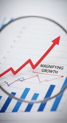 Red arrow graph showing upward trend magnified by a lens over financial data chart business