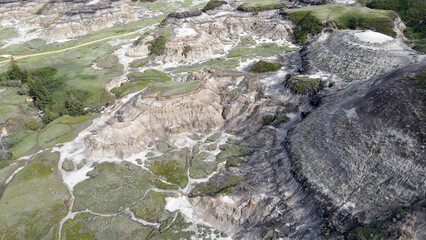 Drumheller Alberta Canada Aerial View of Rugged Badlands Terrain With Eroded Hills in Horseshoe...