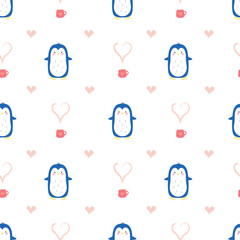 seamless pattern with hearts and penguin
