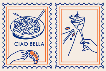 Obraz premium Italian style vacation hand drawn vector illustrations in grunge chalk or charcoal rough doodle sketch style. Summer vacation post stamps in frames for poster, placard or menus. Italy holiday postcard