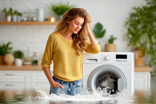 Woman looks worried as water leaks from washing machine, creating a mess in bright, clean laundry room. Concept of home maintenance, appliance issues, residential services
