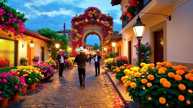 Decorated archway and cobblestone street with musicians and marigold flowers during Dia de los Muertos celebration at dusk. Outdoor documentary photography. Mexican cultural tradition and festival