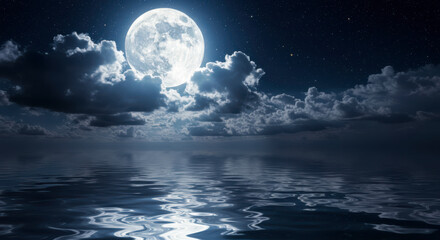 Luminous full moon shines brightly over calm water reflecting its glow