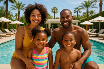 Happy family smiling at poolside during summer vacation