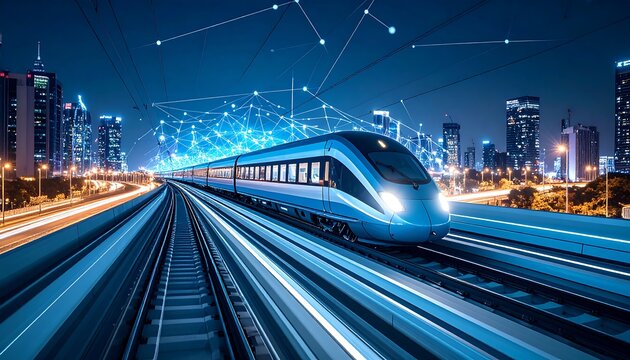 Futuristic high-speed train at night, connected by digital network, cityscape background