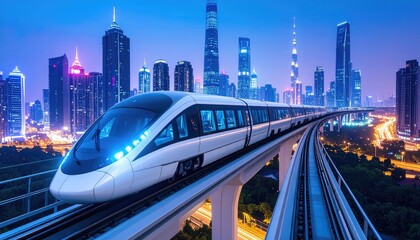 Naklejka premium Futuristic Monorail Train Traveling Above A Neon Lit City Skyline At Night