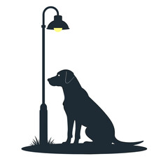 Silhouette of a sitting dog near a street lamp in a tranquil night scene
