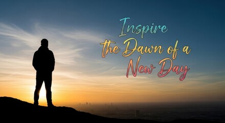Silhouette of man on hill overlooking city at sunrise with inspirational text person standing