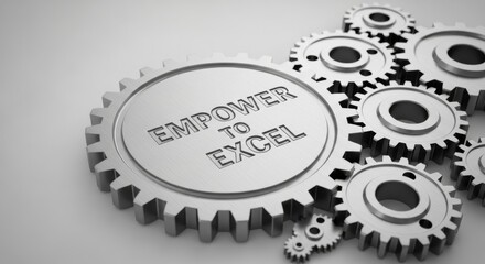 Silver gears with text empower to excel on light gray background cogwheels mechanical