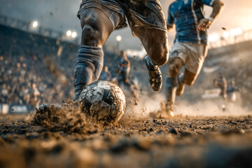 Players engage in fierce battle for possession of the ball in a muddy mid-field area. Crowded stadium ambiance enhances excitement. Concept of sports event, soccer teams, athletic competition